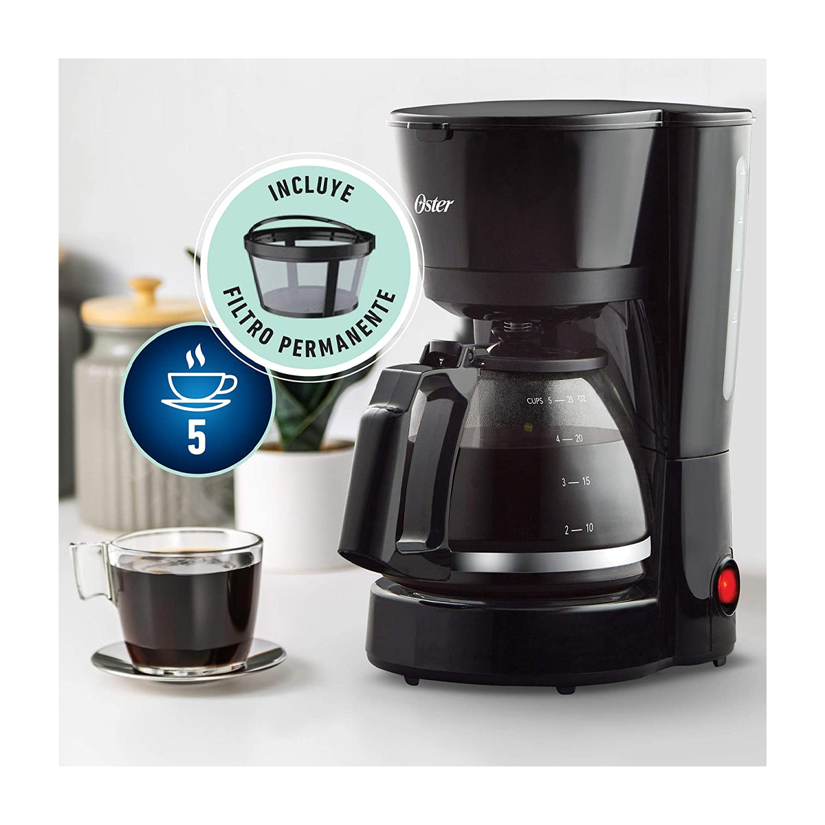 Oster BVSTDC05 Cafetera de 5 Tazas | Filtro Permanente Lavable | Pausa y Servir | Negro