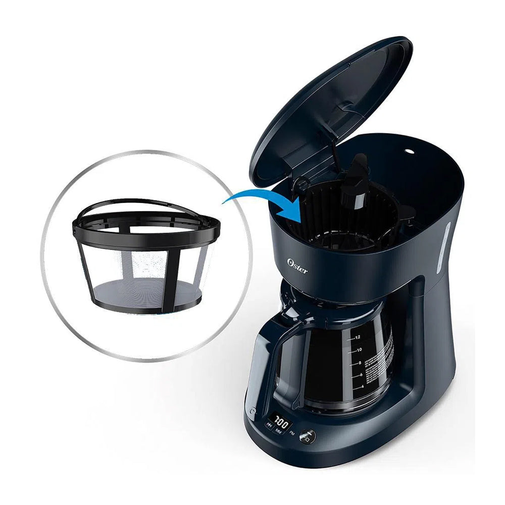 Oster BVSTDCP12B Cafetera de 12 Tazas | Programable | Pantalla LED | Filtro Lavable Permanente | Canasta Removible | Negro