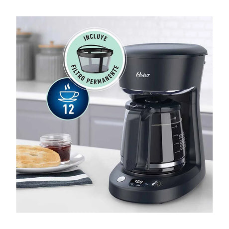 Oster BVSTDCP12B Cafetera de 12 Tazas | Programable | Pantalla LED | Filtro Lavable Permanente | Canasta Removible | Negro
