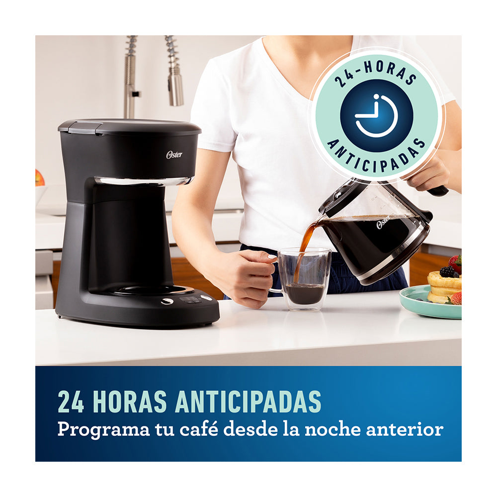 Oster BVSTDCP12B Cafetera de 12 Tazas | Programable | Pantalla LED | Filtro Lavable Permanente | Canasta Removible | Negro