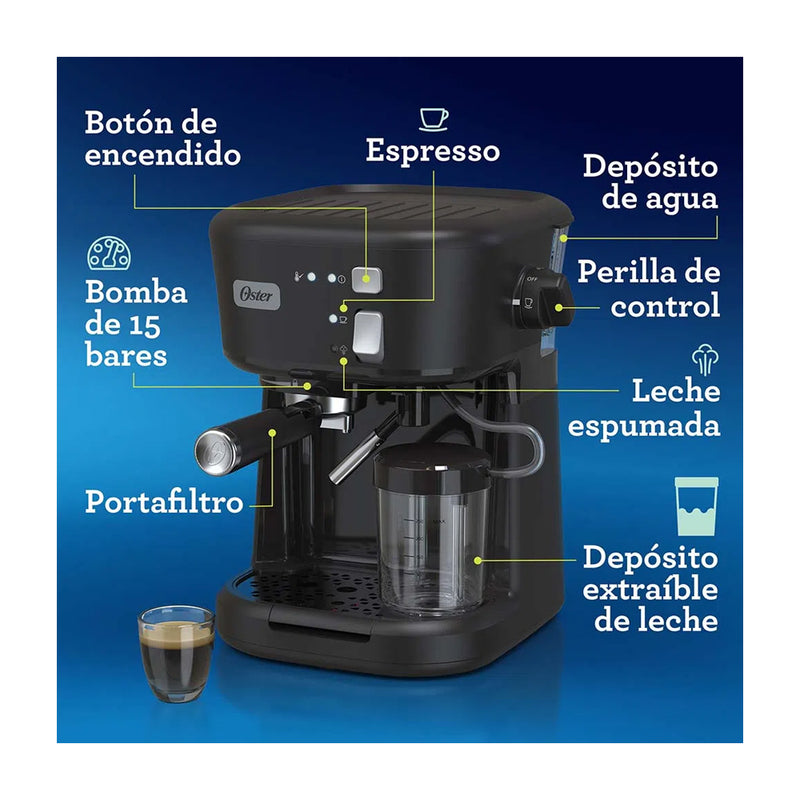 Oster Cafetera de 4 Tazas | 15 Bares | Para Espresso y Capuccino | Sistema Espumadora | Negro