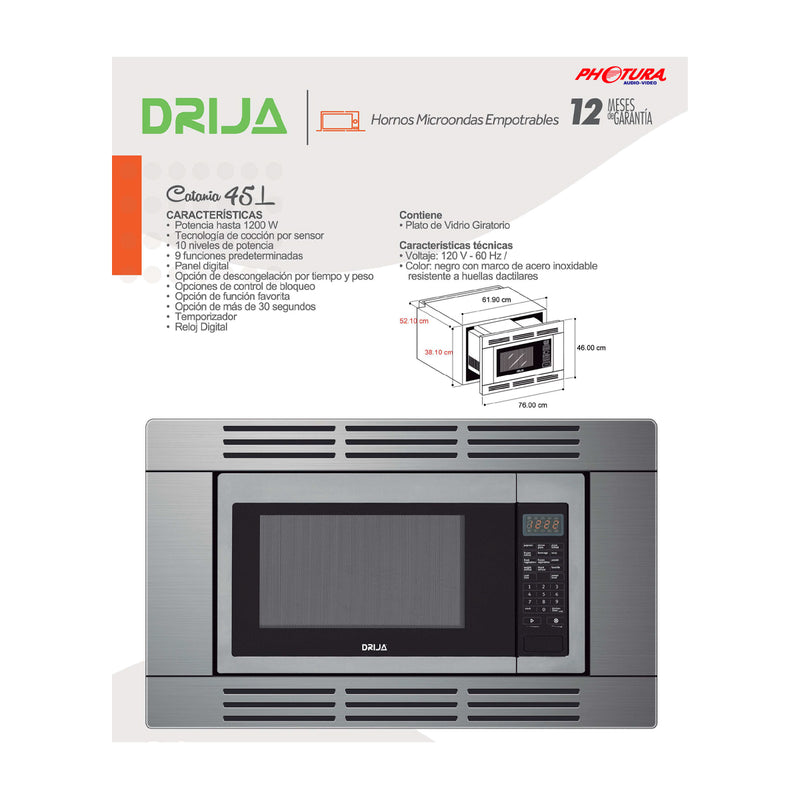 Drija Catania 45L Microondas Empotrable de 1200W | 1.6p3 | Cocción por Sensor | Sistema de Bloqueo Infantil
