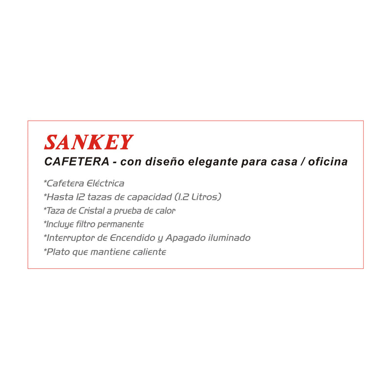 Sankey Cafetera de 12 Tazas | Filtro Permanente Lavable | Interruptor Iluminado | Negro