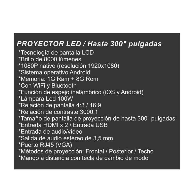 Sankey Proyector LED FHD hasta 300" | 8000 Lúmenes | 4:3 | Bluetooth | WiFi