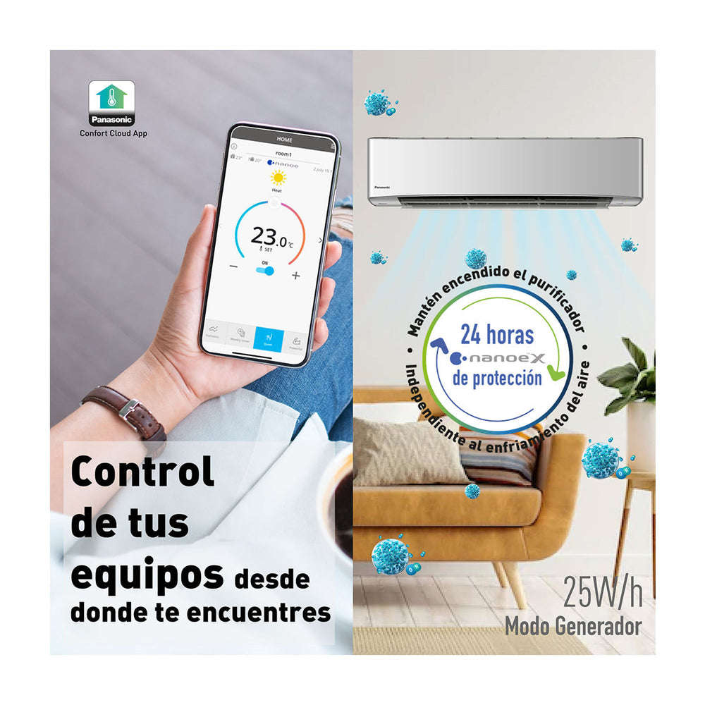 Panasonic Aire Acondicionado Split Premium Inverter 25,200 BTU | SEER 21 |  nanoeX Mark 2 | WiFi Comfort Cloud | Filtro Antibacterial | Blue Fin | 220v | Gris