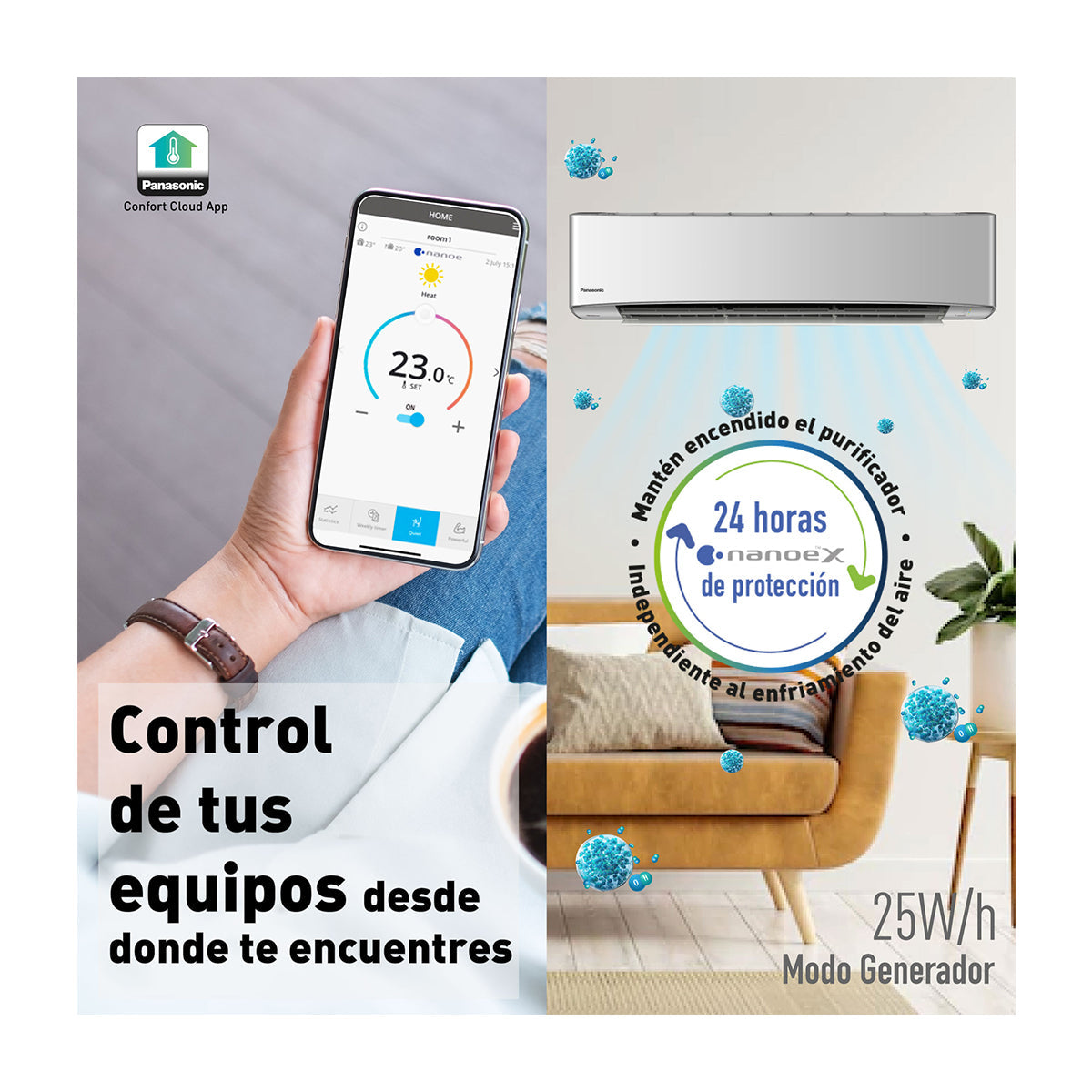 Panasonic Aire Acondicionado Split Premium Inverter 26,600 BTU | SEER 20.5 | nanoeX Mark 2 | WiFi Comfort Cloud | Filtro Antibacterial | Blue Fin | 220v | Gris