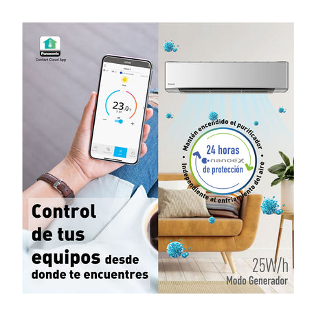 Panasonic Aire Acondicionado Split Premium Inverter 26,600 BTU | SEER 20.5 | nanoeX Mark 2 | WiFi Comfort Cloud | Filtro Antibacterial | Blue Fin | 220v | Gris