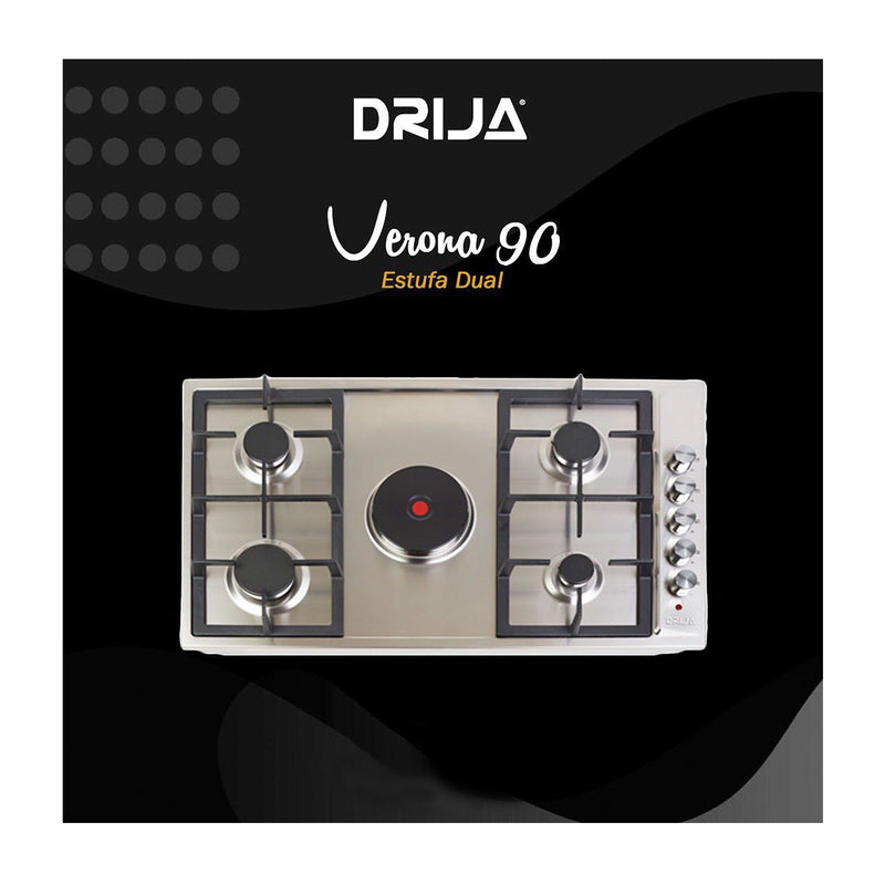 Drija Verona 90 Estufa Empotrable Dual (a Gas y Eléctrica) de Acero Inoxidable | 5 Quemadores | 4 Válvulas de Seguridad