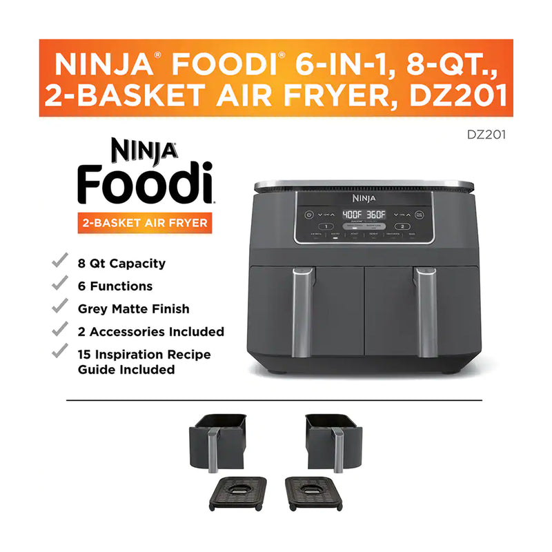 Ninja Foodi Freidora de Aire Digital 6-en-1 | 8QT | 2 Canastas | Tecnología DualZone | Antiadherente | Negro
