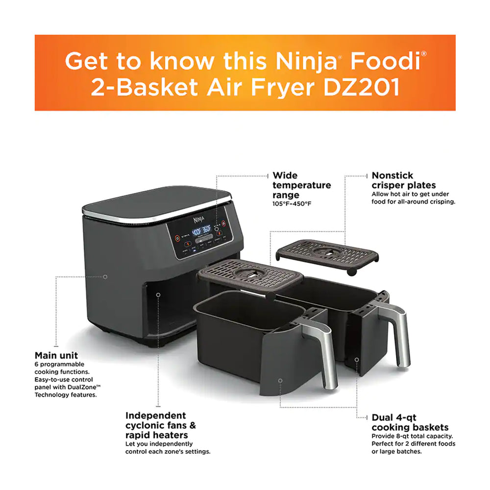 Ninja Foodi Freidora de Aire Digital 6-en-1 | 8QT | 2 Canastas | Tecnología DualZone | Antiadherente | Negro
