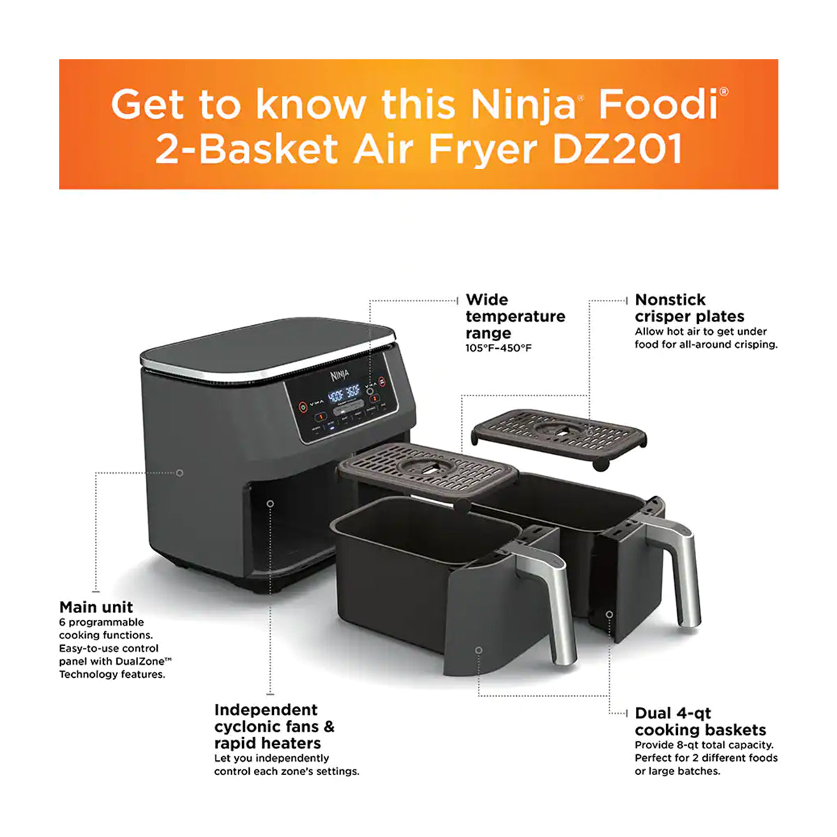 Ninja Foodi Freidora de Aire Digital 6-en-1 | 8QT | 2 Canastas | Tecnología DualZone | Antiadherente | Negro