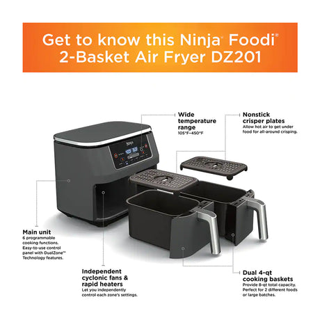 Ninja Foodi Freidora de Aire Digital 6-en-1 | 8QT | 2 Canastas | Tecnología DualZone | Antiadherente | Negro