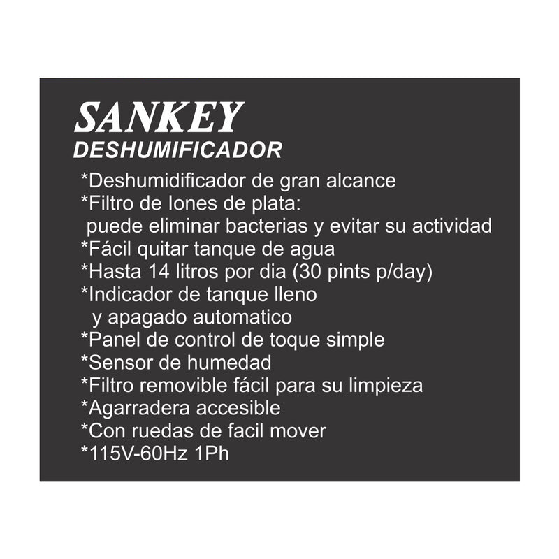 Sankey Deshumidificador de 30 Pintas | Filtro de Iones de Plata | Sensor de Humedad