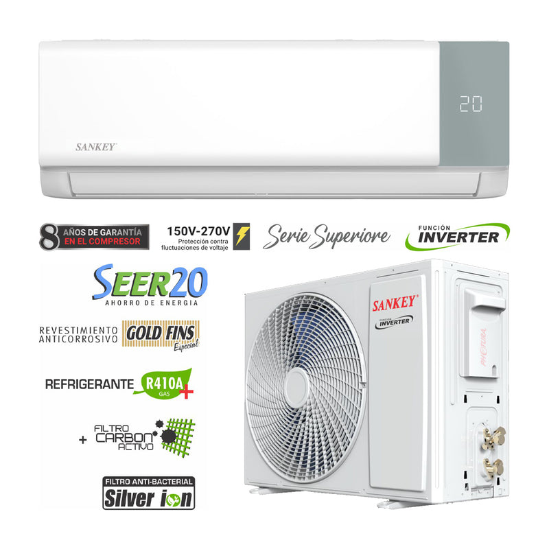 Sankey Aire Acondicionado Split Inverter Serie Superiore 24,000 BTU | Alta Eficiencia | Protección de Voltaje | Enfriamiento Supremo | Silver Ion | Filtro de Carbon Activo | 220v