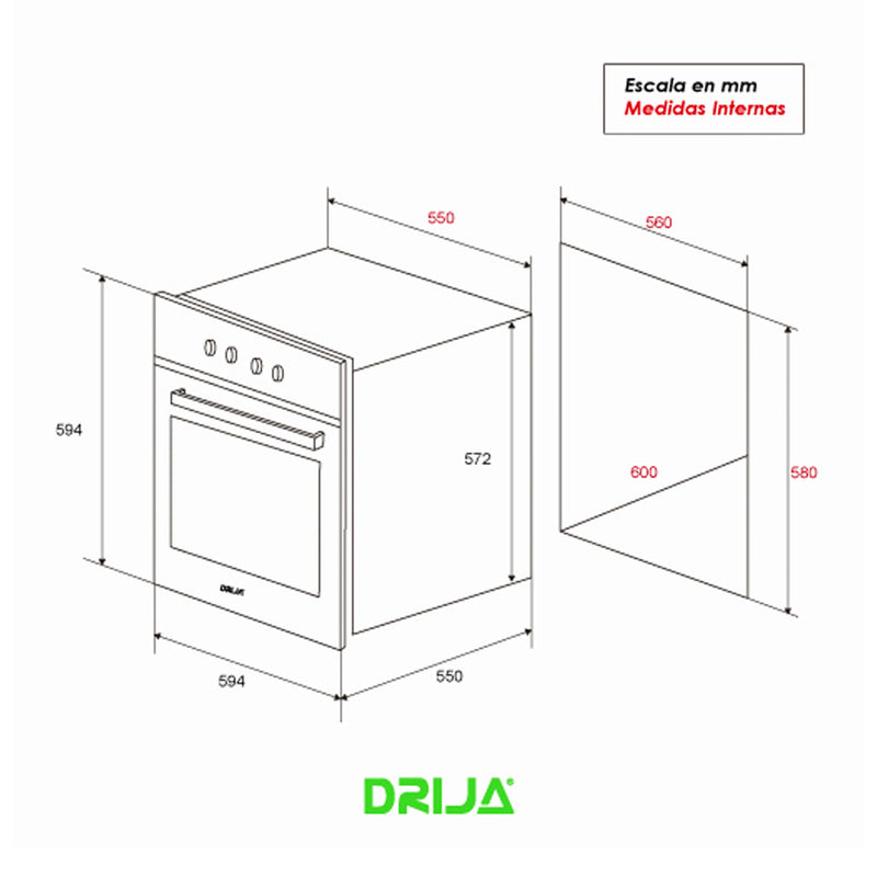 Drija Europa 60 Gas Grill Horno Multifuncional Empotrable a Gas | Puerta de Triple Vidrio | 260°C
