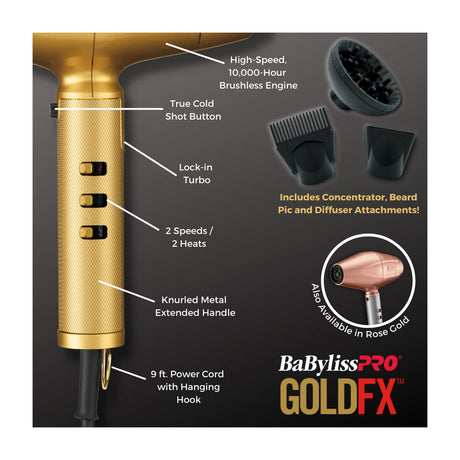 BaBylissPRO GOLDFX Secador de Cabello | Alto Rendimiento | Turbo | Gold