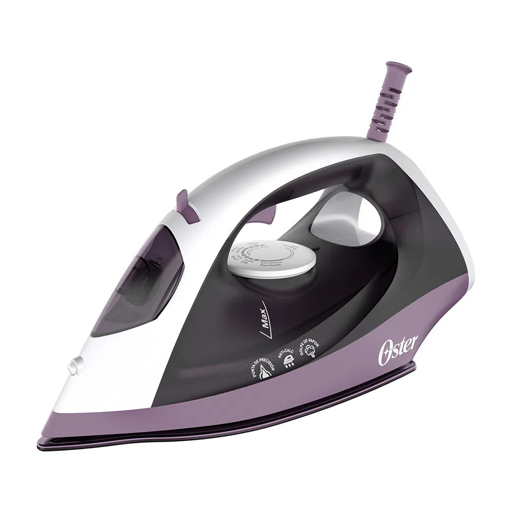 Oster GCSTBS6005 Plancha de Ropa a Vapor | 30% Mas Cobertura | Punta de Precisión | Antiadherente | Sistema Anti-Calcificación | Morado Blanco