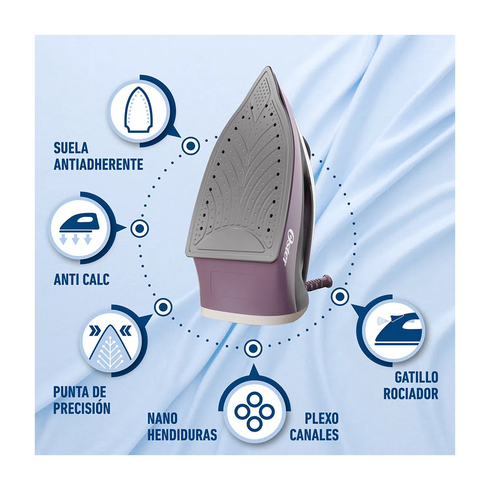 Oster GCSTBS6005 Plancha de Ropa a Vapor | 30% Mas Cobertura | Punta de Precisión | Antiadherente | Sistema Anti-Calcificación | Morado Blanco