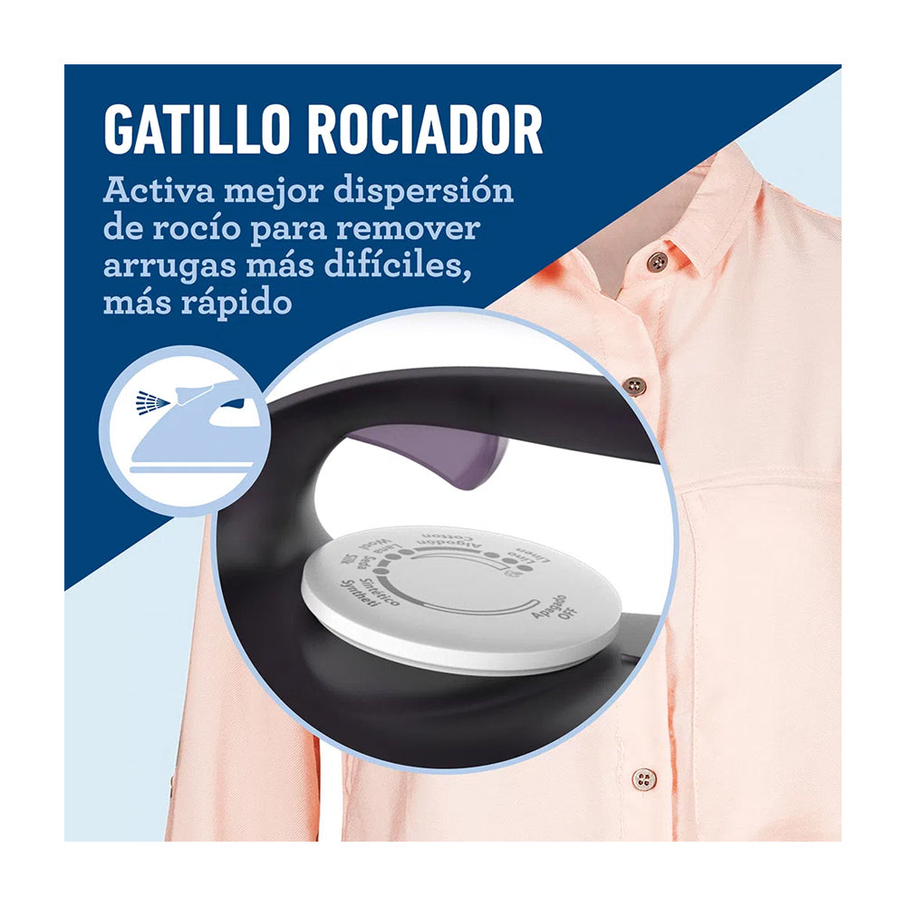 Oster GCSTBS6005 Plancha de Ropa a Vapor | 30% Mas Cobertura | Punta de Precisión | Antiadherente | Sistema Anti-Calcificación | Morado Blanco