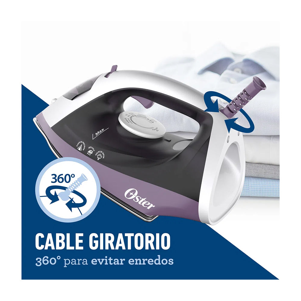 Oster GCSTBS6005 Plancha de Ropa a Vapor | 30% Mas Cobertura | Punta de Precisión | Antiadherente | Sistema Anti-Calcificación | Morado Blanco