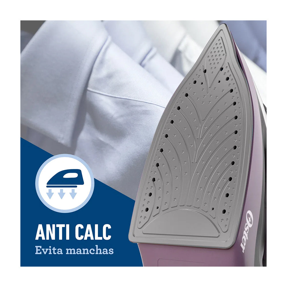 Oster GCSTBS6005 Plancha de Ropa a Vapor | 30% Mas Cobertura | Punta de Precisión | Antiadherente | Sistema Anti-Calcificación | Morado Blanco