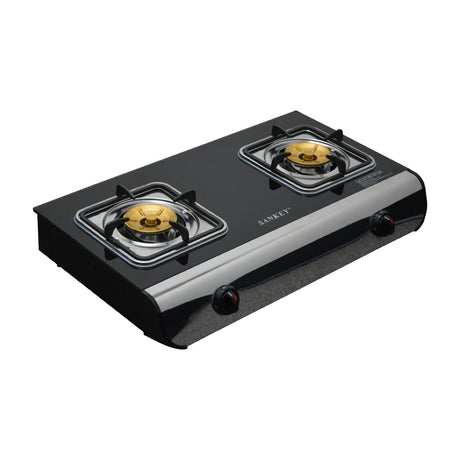 Sankey Estufa de Mesa a Gas | 2 Quemadores de Bronce | Cubierta de Vidrio | Control de Temperatura | Negro