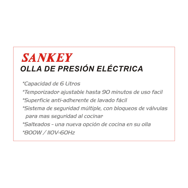 Sankey Olla de Presión Eléctrica de 6L | Temporizador | Bloqueo de Válvulas | Interior Antiadherente