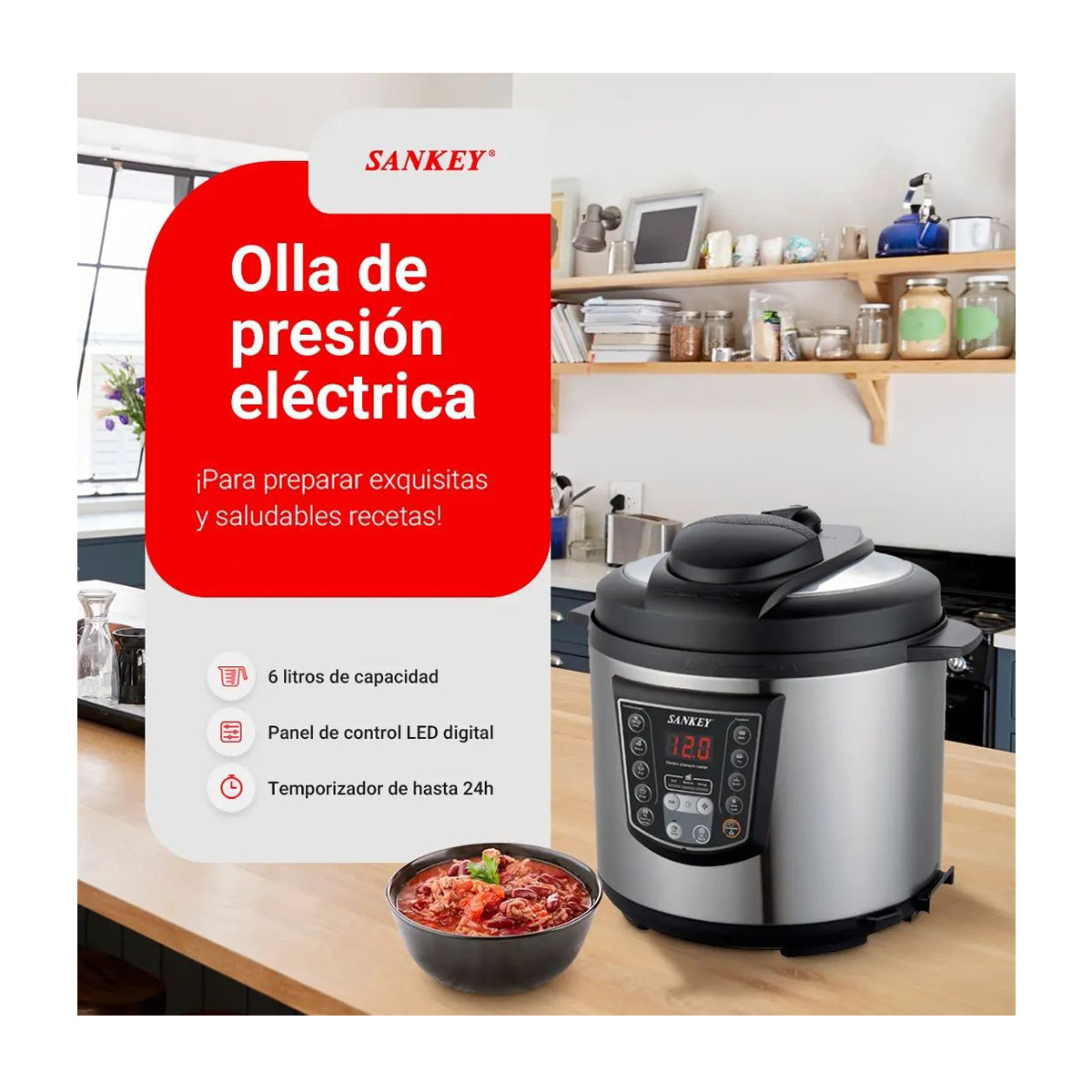 Sankey Olla Multifuncional de 6L | 8 Programas | Sistema Inteligente | Cocción Rápida & Lenta