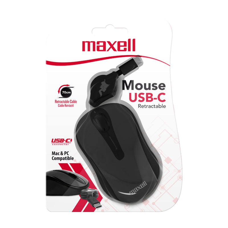Maxell Mouse de Cable Retráctil | USB-C | Gris Negro