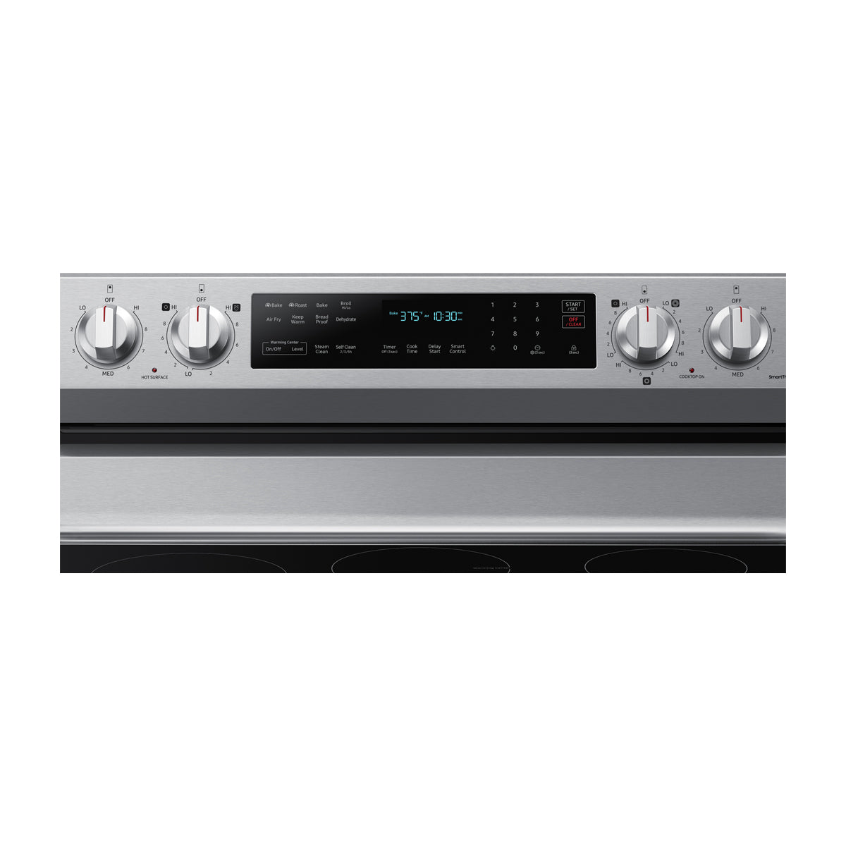 Samsung Estufa Eléctrica de Acero Inoxidable | 3-en-1 | WiFi Smart | 6.3p3 | Air Fryer | True Convection | Control de Voz (Alexa y Google) | Panel Digital | Plancha | 30" | 5 Quemadores