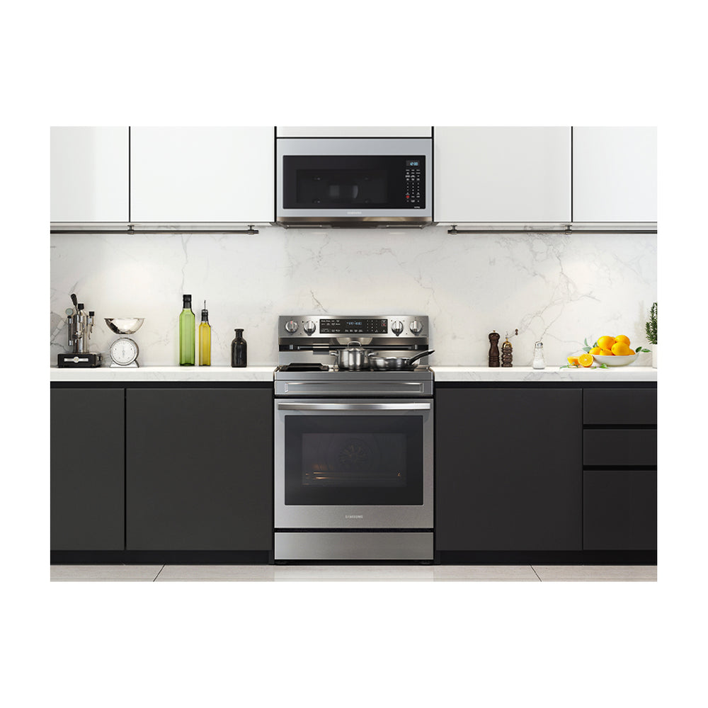Samsung Estufa Eléctrica de Acero Inoxidable | 3-en-1 | WiFi Smart | 6.3p3 | Air Fryer | True Convection | Control de Voz (Alexa y Google) | Panel Digital | Plancha | 30" | 5 Quemadores