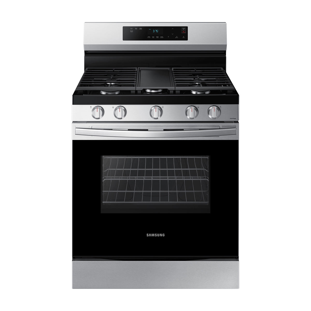 Samsung Estufa a Gas de Acero Inoxidable | WiFi Smart | 6p3 | Hornalla Doble 17.000 BTU | Control de Voz (Alexa y Google) | Panel Digital | Plancha | 30" | 5 Quemadores