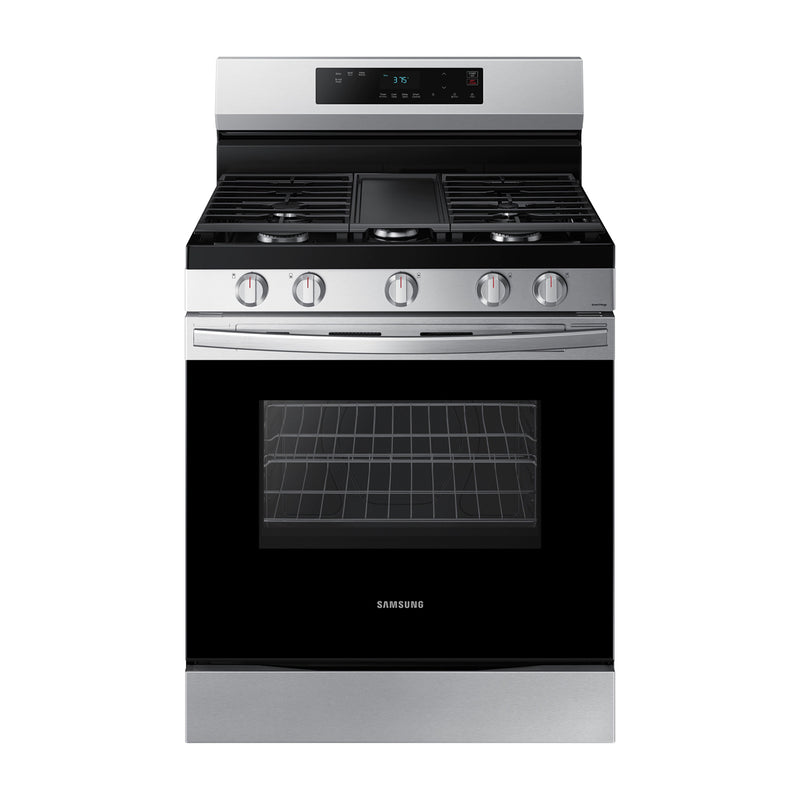 Samsung Estufa a Gas de Acero Inoxidable | WiFi Smart | 6p3 | Hornalla Doble 17.000 BTU | Control de Voz (Alexa y Google) | Panel Digital | Plancha | 30" | 5 Quemadores