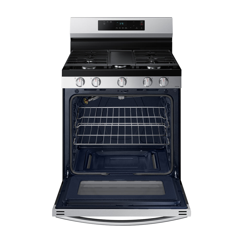 Samsung Estufa a Gas de Acero Inoxidable | WiFi Smart | 6p3 | Hornalla Doble 17.000 BTU | Control de Voz (Alexa y Google) | Panel Digital | Plancha | 30" | 5 Quemadores