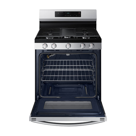 Samsung Estufa a Gas de Acero Inoxidable | WiFi Smart | 6p3 | Hornalla Doble 17.000 BTU | Control de Voz (Alexa y Google) | Panel Digital | Plancha | 30" | 5 Quemadores