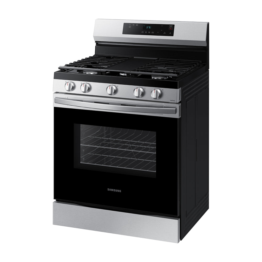 Samsung Estufa a Gas de Acero Inoxidable | WiFi Smart | 6p3 | Hornalla Doble 17.000 BTU | Control de Voz (Alexa y Google) | Panel Digital | Plancha | 30" | 5 Quemadores