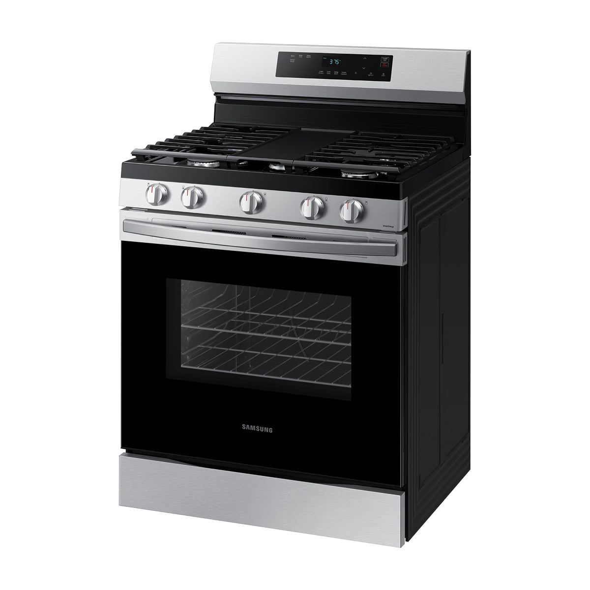 Samsung Estufa a Gas de Acero Inoxidable | WiFi Smart | 6p3 | Hornalla Doble 17.000 BTU | Control de Voz (Alexa y Google) | Panel Digital | Plancha | 30" | 5 Quemadores