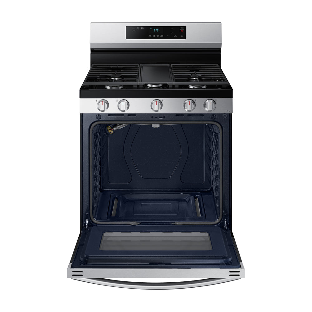 Samsung Estufa a Gas de Acero Inoxidable | WiFi Smart | 6p3 | Hornalla Doble 17.000 BTU | Control de Voz (Alexa y Google) | Panel Digital | Plancha | 30" | 5 Quemadores