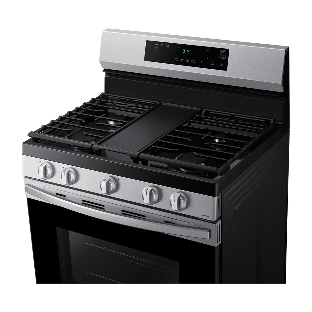 Samsung Estufa a Gas de Acero Inoxidable | WiFi Smart | 6p3 | Hornalla Doble 17.000 BTU | Control de Voz (Alexa y Google) | Panel Digital | Plancha | 30" | 5 Quemadores