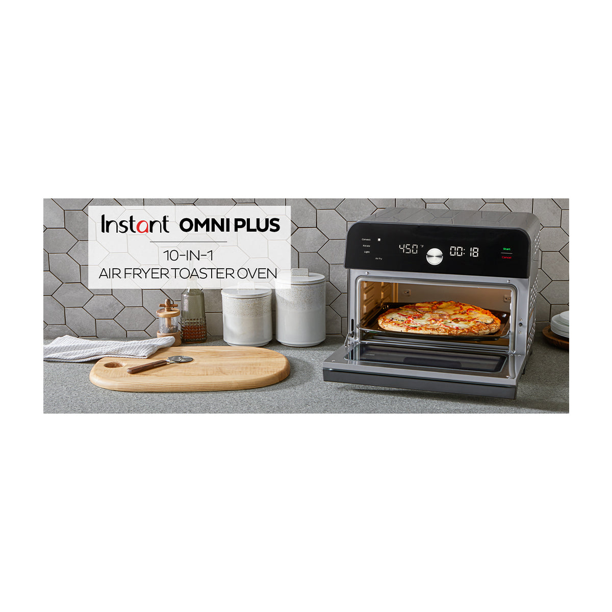 Instant Omni Plus Horno Eléctrico con Freidora de Aire 10-en-1 de 18L | EvenCrisp | Puerta de Vidrio | 1800W | Negro Acero