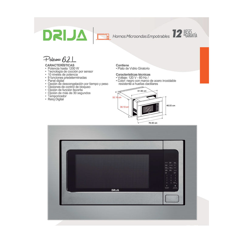 Drija Palermo 62L Microondas Empotrable de 1200W | 2.2p3 | Cocción por Sensor | Sistema de Bloqueo Infantil