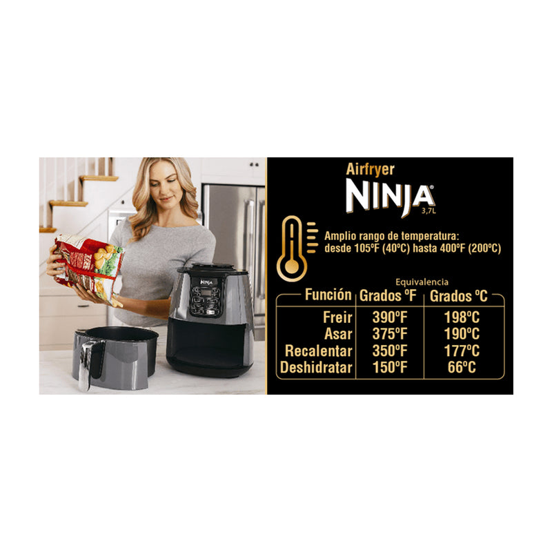 Ninja Freidora de Aire Digital | 3.7L | 4 Programas | Antiadherente | Temporizador | Negro