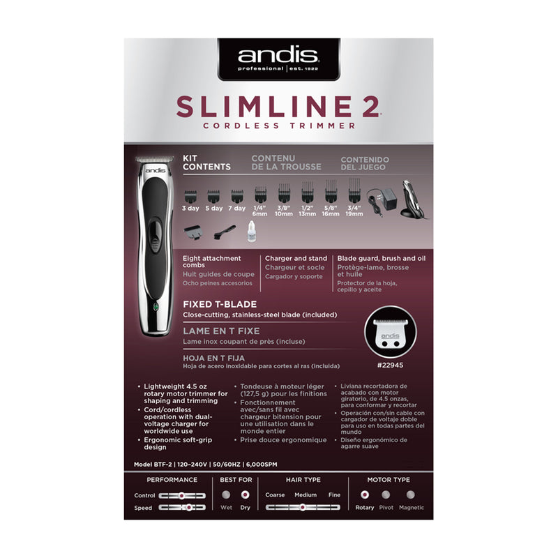 Andis SlimLine 2 Cordless Recortadora Inalámbrica / Cable | Plateado Negro