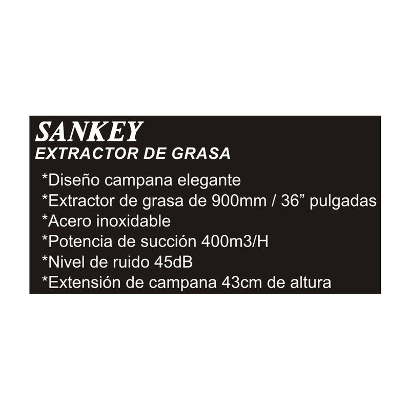 Sankey Extractor de Grasa de 90cm | Tipo Chimenea | 3 Velocidades | 3 Filtros de Aluminio | 400m3/H