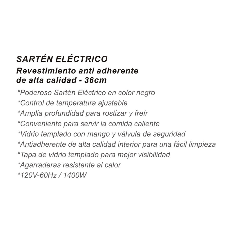 Sankey Sartén Eléctrico | Antiadherente | Tapa Removible | 36cm | 1400W | Negro