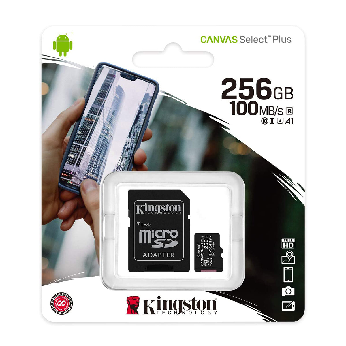 Kingston Memoria Micro SDXC de 256GB + Adaptador | UHS-I | V30 | U3 | Clase 10 | 100MB/s