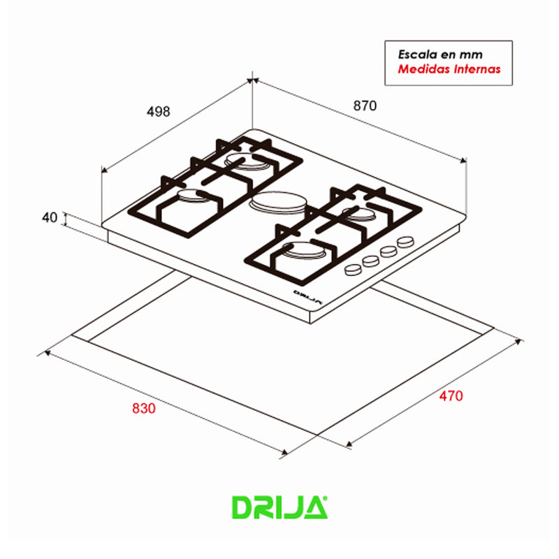 Drija Verona 90 Estufa Empotrable Dual (a Gas y Eléctrica) de Acero Inoxidable | 5 Quemadores | 4 Válvulas de Seguridad