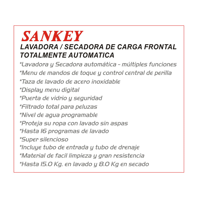 Sankey Lavadora Secadora Eléctrica 2-en-1 de Carga Frontal | Super Silencioso | Programable | Filtrado Total | 15kg | Plateado