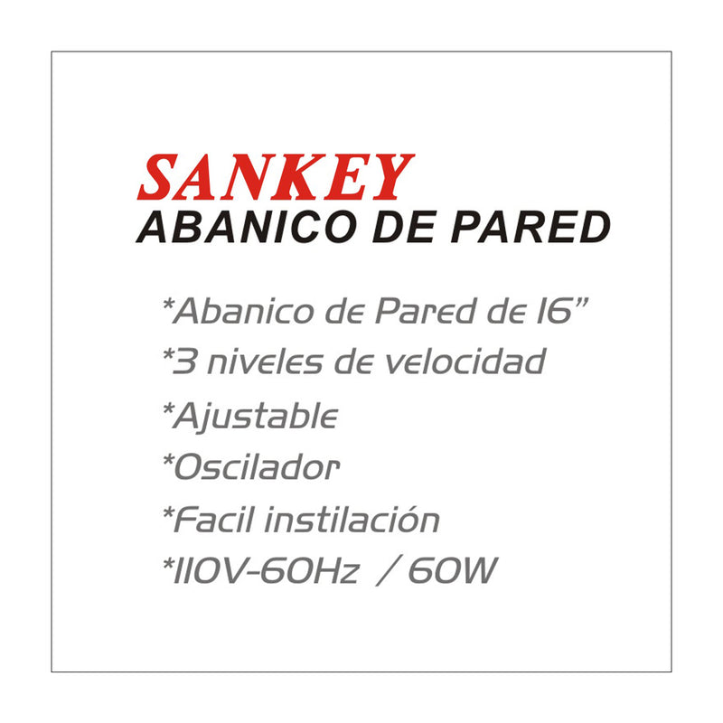 Sankey Abanico de Pared de 16" | 3 Velocidades | Gris